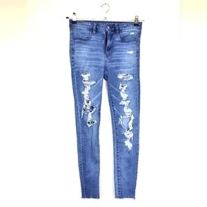 American Eagle Super Hi Rise Jeggings Distressed Raw Hem Skinny Size 2 Short